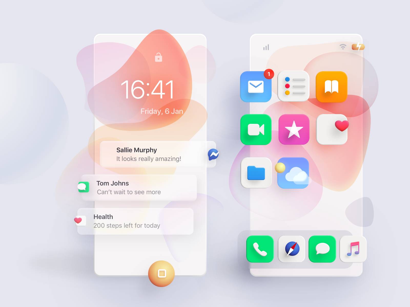 Interface de sistema operacional com ícones coloridos em estilo neumorphism